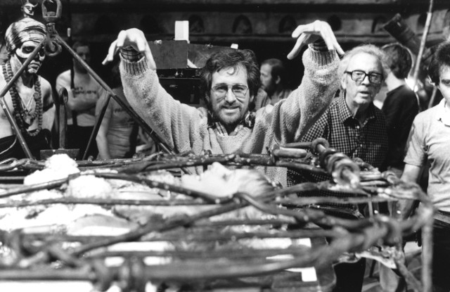 Douglas Slocombe BSC Steven Speilberg.. and R. Vidgeon in BG over Stevens L ear...Temple of Doom. 1984scaled